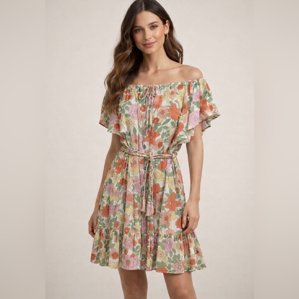 Rachel Zoe Floral Dress Multicolored Braided Belt
Flutter Sleeve Boho Large NWT